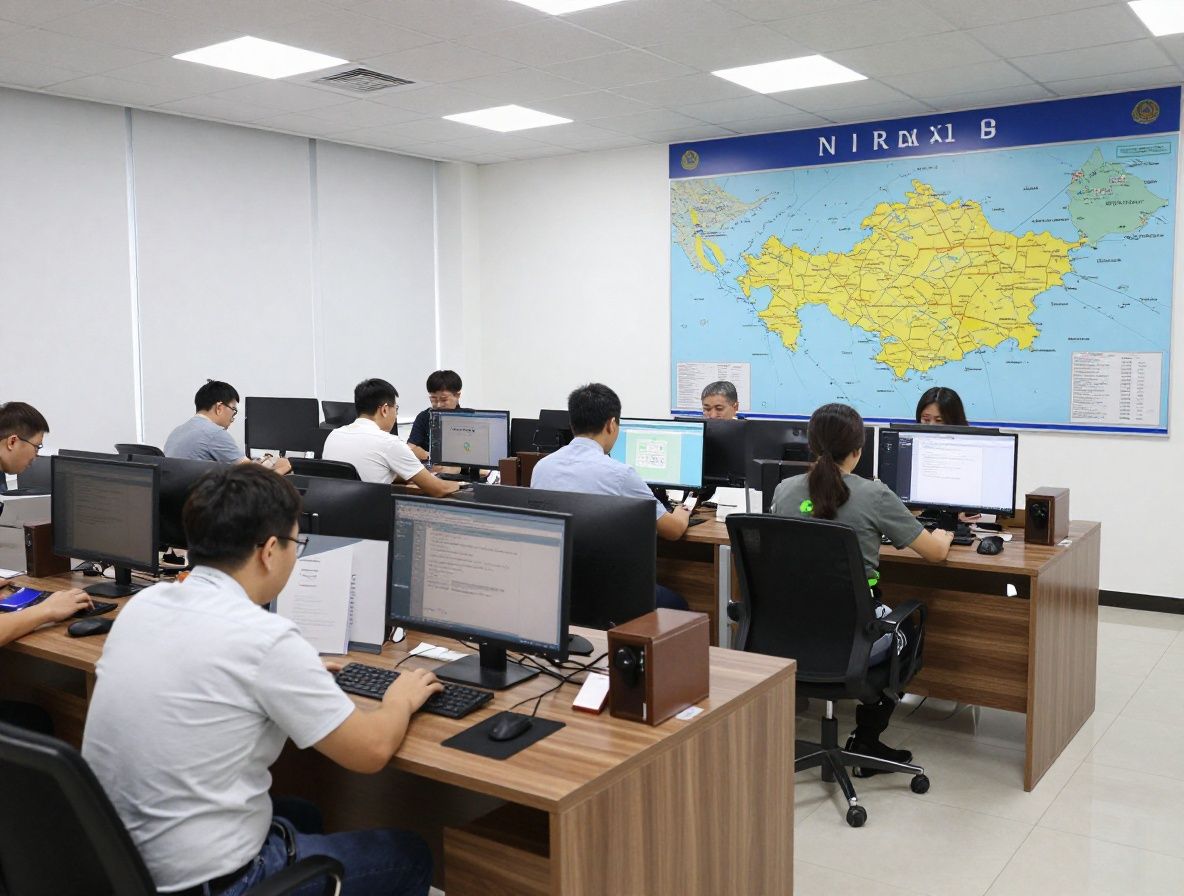 Светлый современный офис редакции Nirexal в Алматы, панорамные окна, рабочие места с мониторами, карта Казахстана на стене