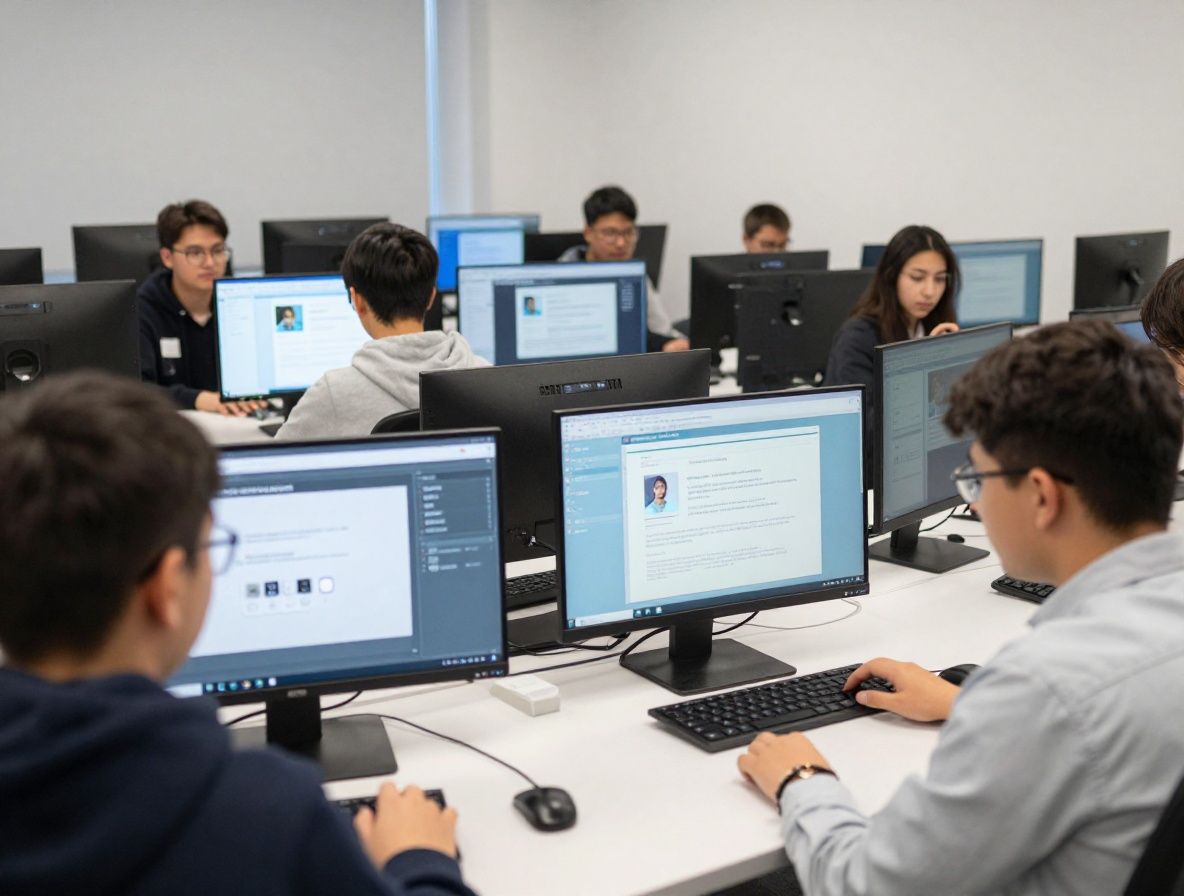 Студенты казахстанского университета за компьютерами, экраны отображают интерфейс искусственного интеллекта, современная аудитория с интерактивными досками