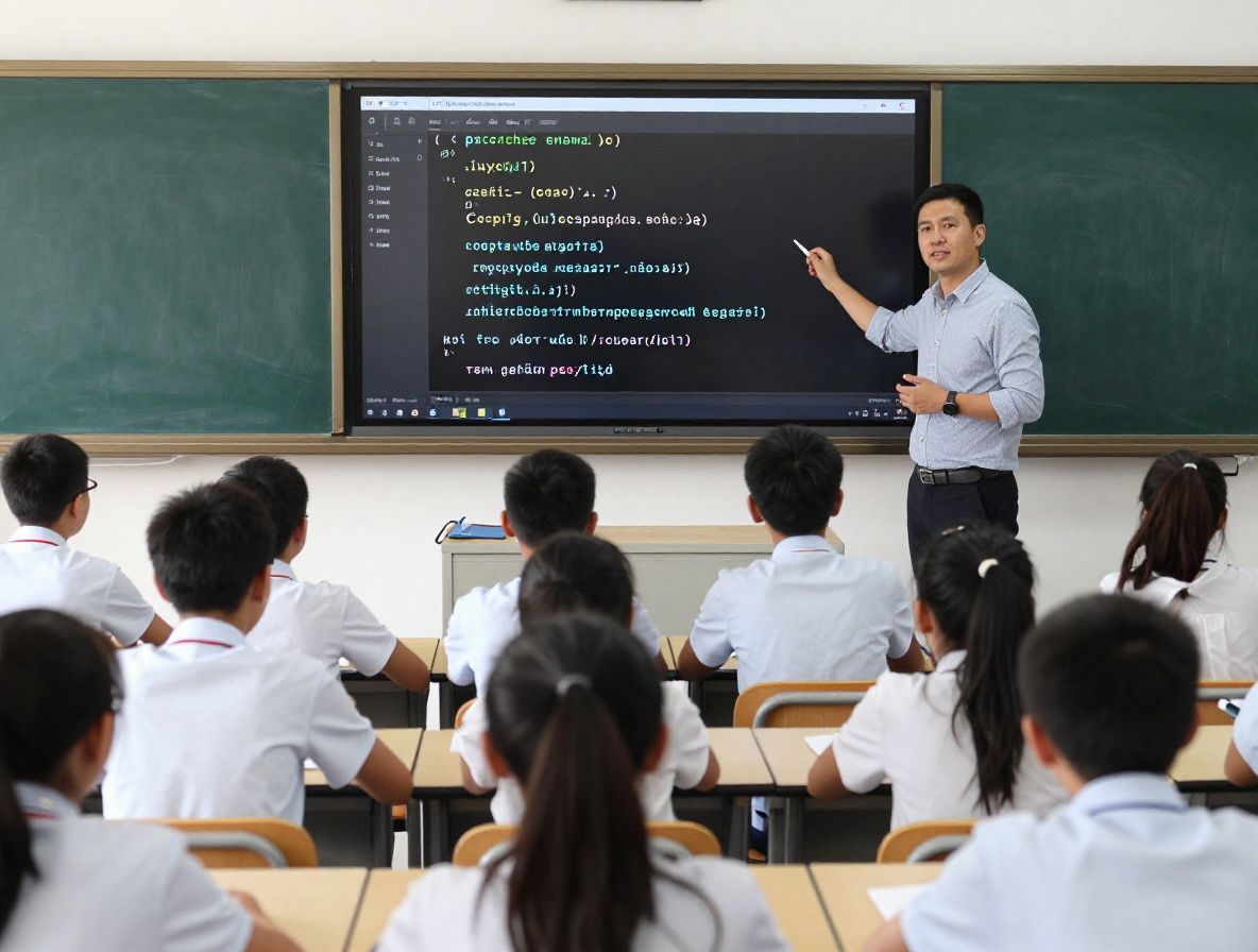 Школьники Казахстана за ноутбуками на уроке программирования, яркий класс, учитель объясняет код на большом экране