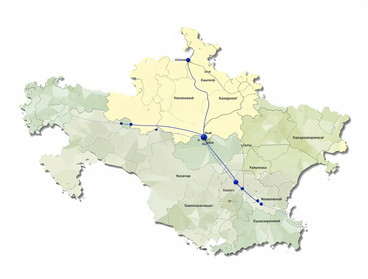 Карта Казахстана с цифровыми сетями и точками подключения, визуализация цифровой инфраструктуры страны на тёмном фоне