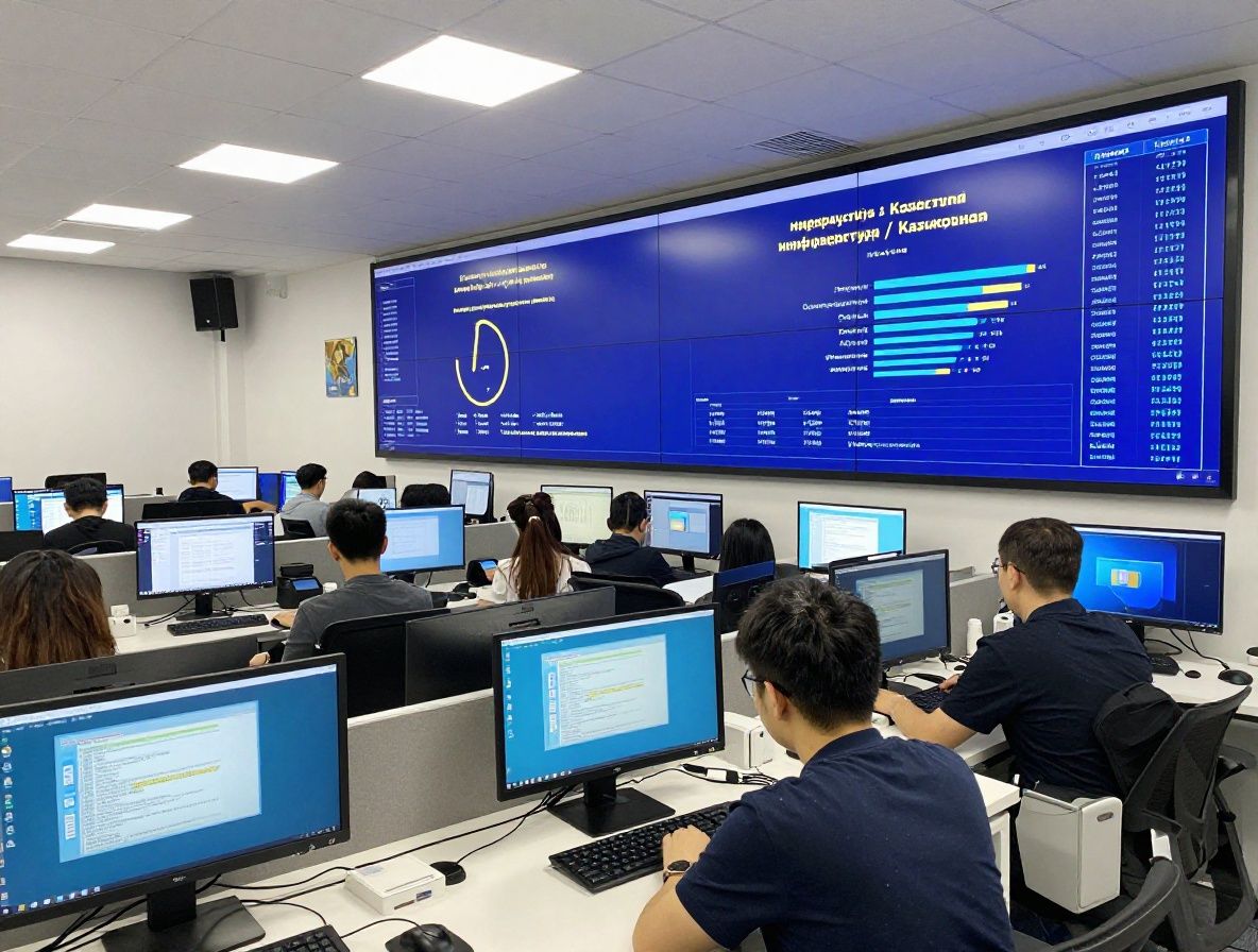 Современный офис с большими экранами, отображающими данные цифровой инфраструктуры Казахстана, голубое освещение, молодые специалисты за компьютерами