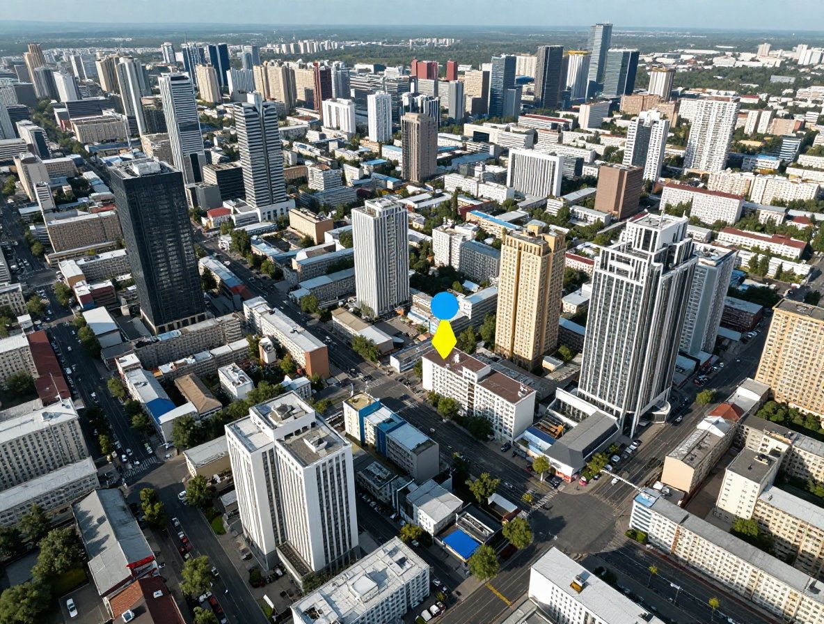 Карта города Карагандa, Казахстан, вид сверху на деловой квартал, улица Ермекова отмечена маркером, дневное время