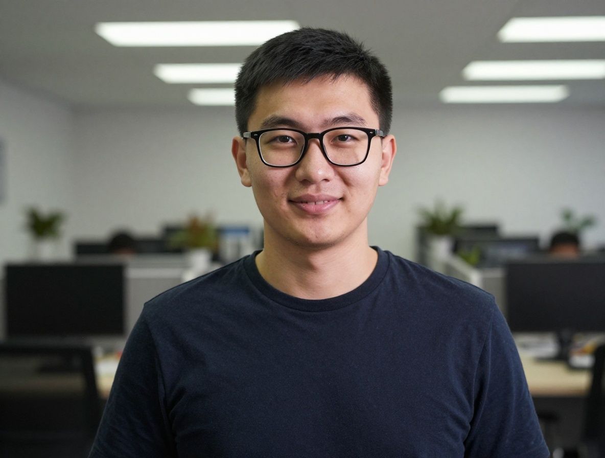 Молодой казахстанский мужчина в очках, дружелюбный взгляд, профессиональная фотография в офисной обстановке