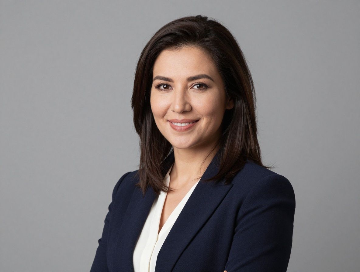 Молодая казахстанская женщина в деловом стиле, тёмные волосы, уверенная улыбка, профессиональный портрет на нейтральном фоне