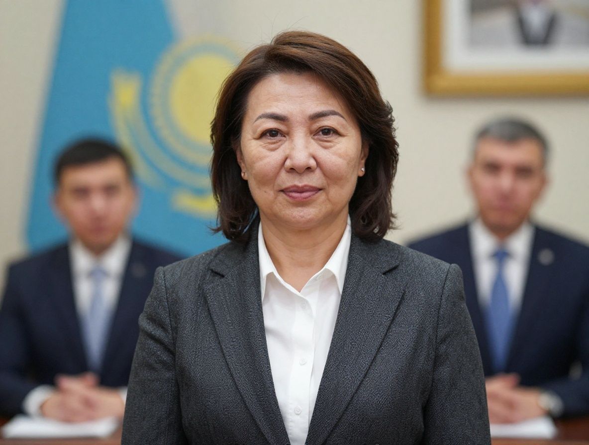 Казахстанская журналистка средних лет, профессиональный портрет, деловой костюм, позитивное выражение лица