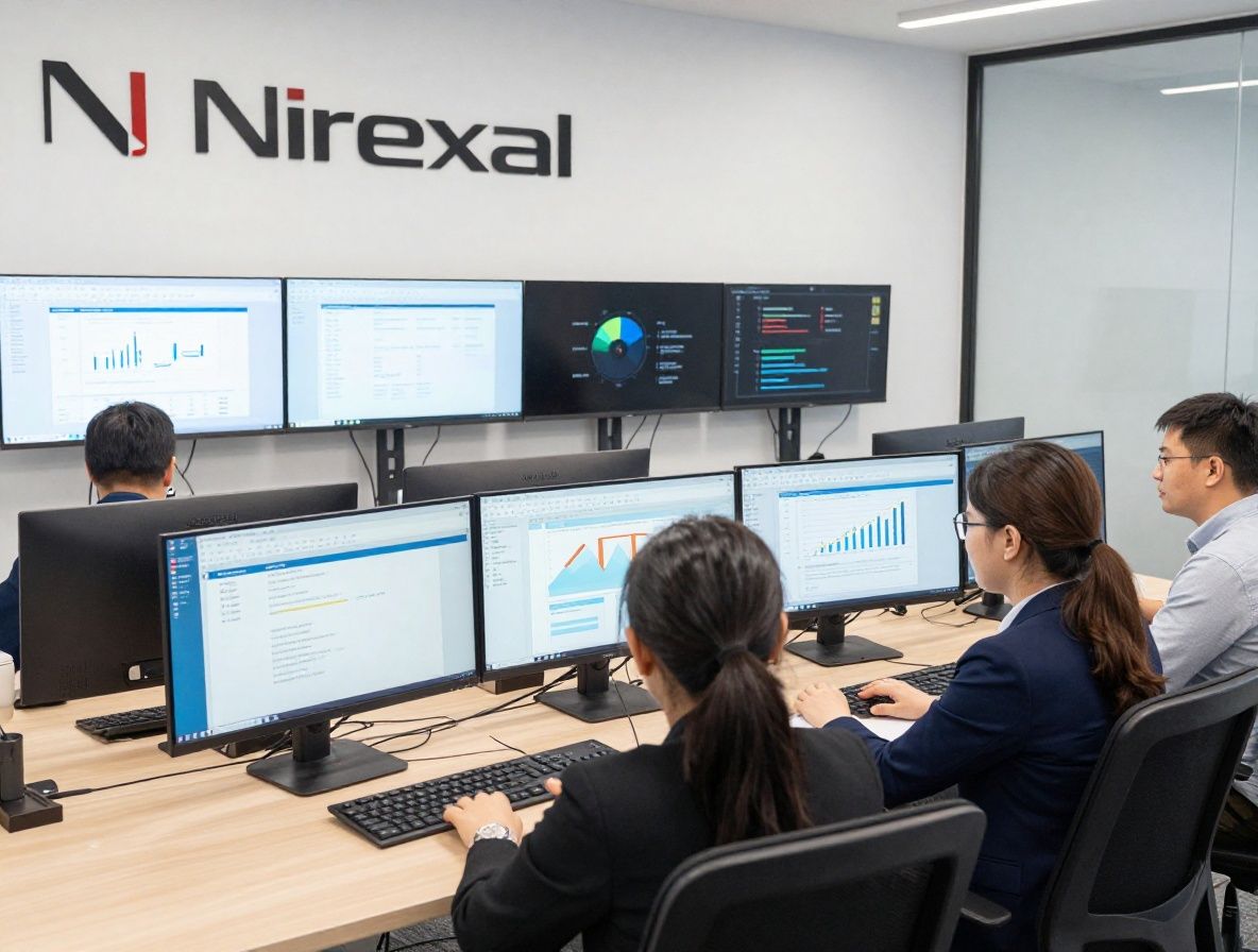 Команда редакции Nirexal за работой в современном офисе Алматы, экраны с данными, обсуждение аналитических материалов