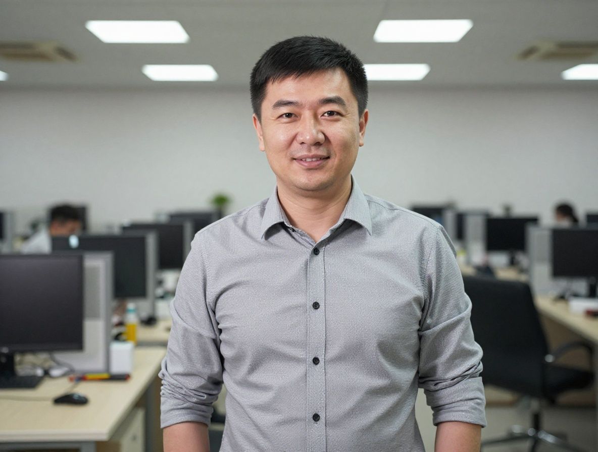 Казахстанский мужчина тридцати лет, неформальный стиль, улыбается, на фоне офисного пространства с техникой