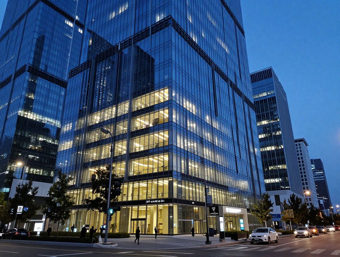 Современный технопарк в Астане, стеклянное здание с панорамными окнами, стартапы и IT-компании, вечернее освещение